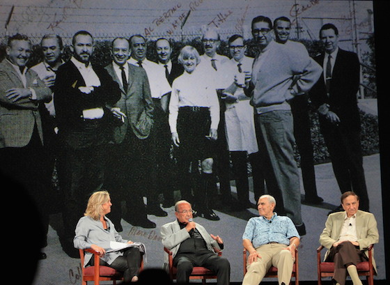 Moderator Leslie Iwerks, with Marty Sklar, Orlando Ferrante, and Richard Sherman