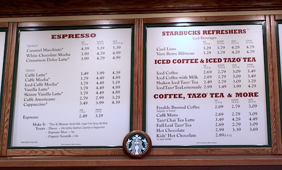 Starbucks menu at Disney California Adventure
