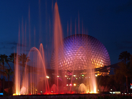 Spaceship Earth and the fountains at night