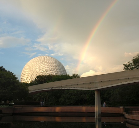 Epcot's Spaceship Earth, with rainbow