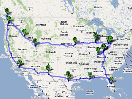 Google map of the Niles family 2010 summer road trip
