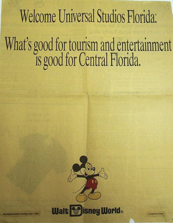 Orlando Sentinel ad from Walt Disney World welcoming Universal Studios Florida