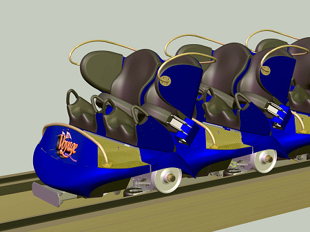 Concept art of the new Timberliner trains for Holiday World's The Voyage
