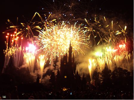 Fireworks surround Cinderella's Castle at Walt Disney World's Magic Kingdom