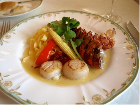 Baked Lobster Tail and Sauteed Scallops with Butter Sauce at S.S. Columbia Dining Room