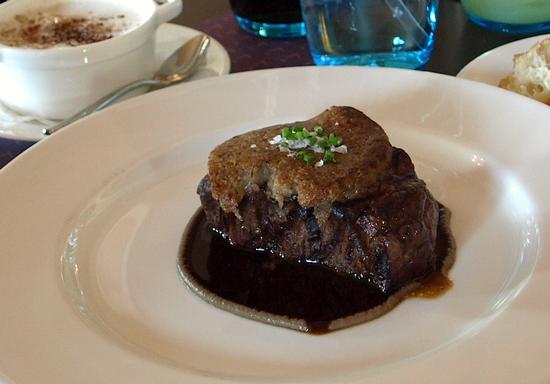 Grilled beef tenderloin with mushroom crust, black truffle-laced mashed potatoes, and Bordelaise sauce ($43)