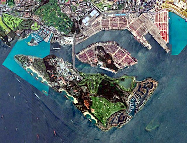 Google Maps satellite view of Sentosa Island