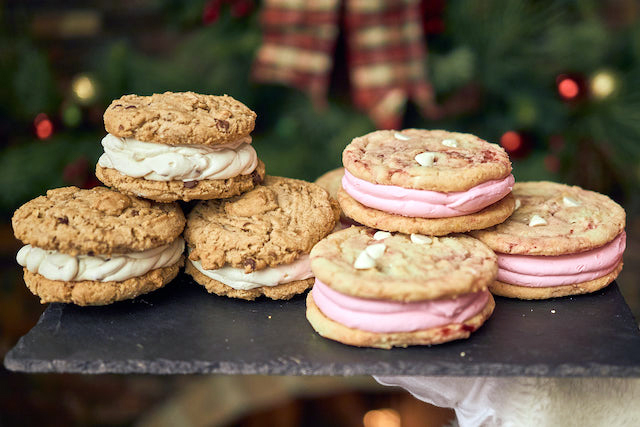 North Pole Oatmeal Toffee and White Chocolate Raspberry Cookiewiches