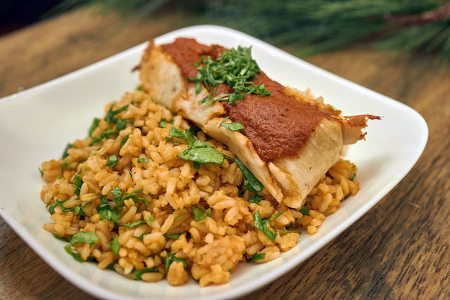 Pork Tamale, Salsa Roja and Spanish Rice