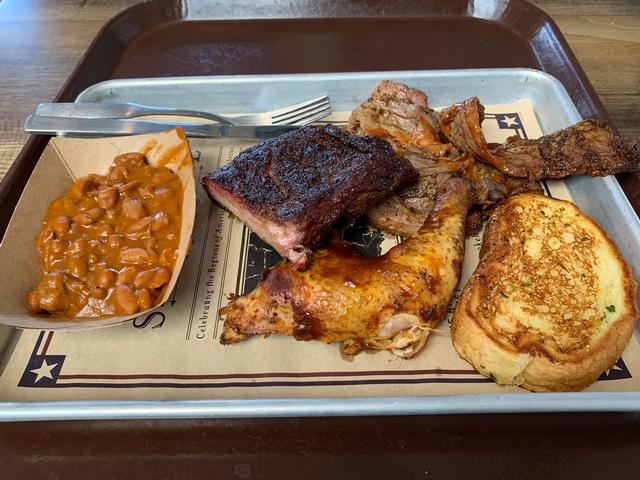 American Platter with ribs, brisket, chicken, plus baked beans